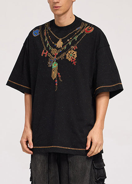 Chic Black Zircon Loose Cotton Men T Shirt Summer LK062 Men-Silk-MENT240630