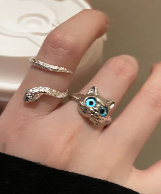 Chic Blue Alloy Glass Little Cats And Snake Rings Two Pieces Set ZZ069 JEW-TPIEC240613