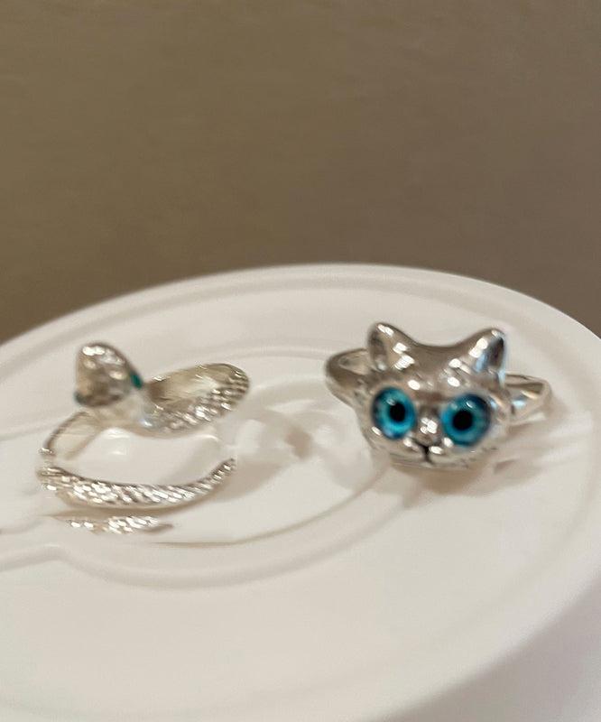 Chic Blue Alloy Glass Little Cats And Snake Rings Two Pieces Set ZZ069 JEW-TPIEC240613