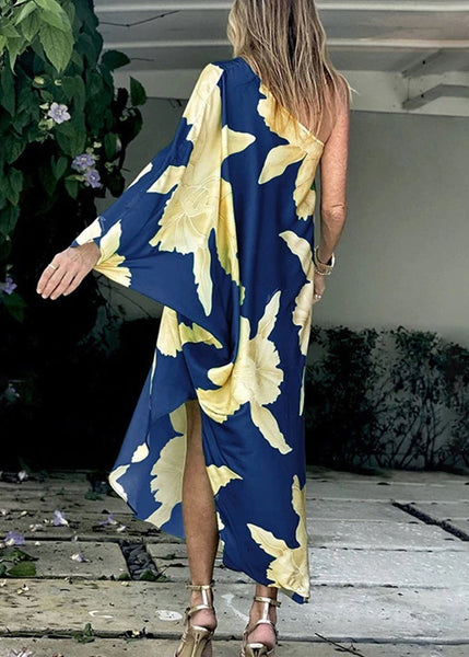 Chic Blue Asymmetrical One Shoulder Print Cotton Dresses Long Sleeve WW1051 Ada Fashion