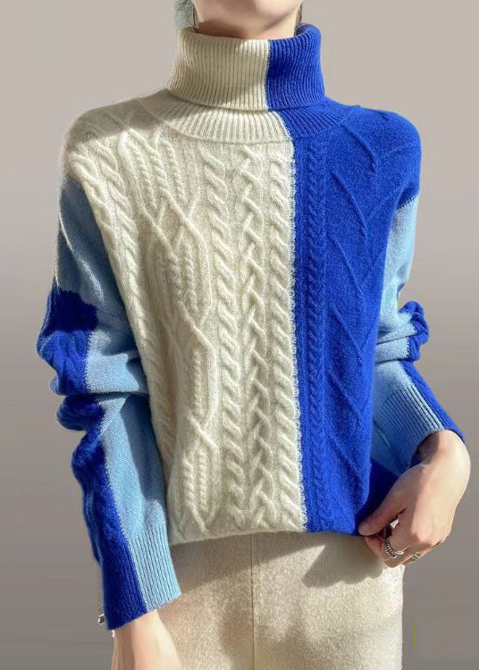 Chic Blue Asymmetrical Patchwork Cable Knit Sweater Spring YW051 ABC