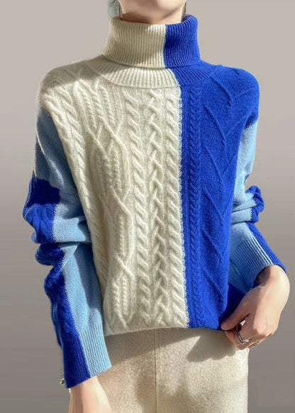 Chic Blue Asymmetrical Patchwork Cable Knit Sweater Spring YW051 ABC