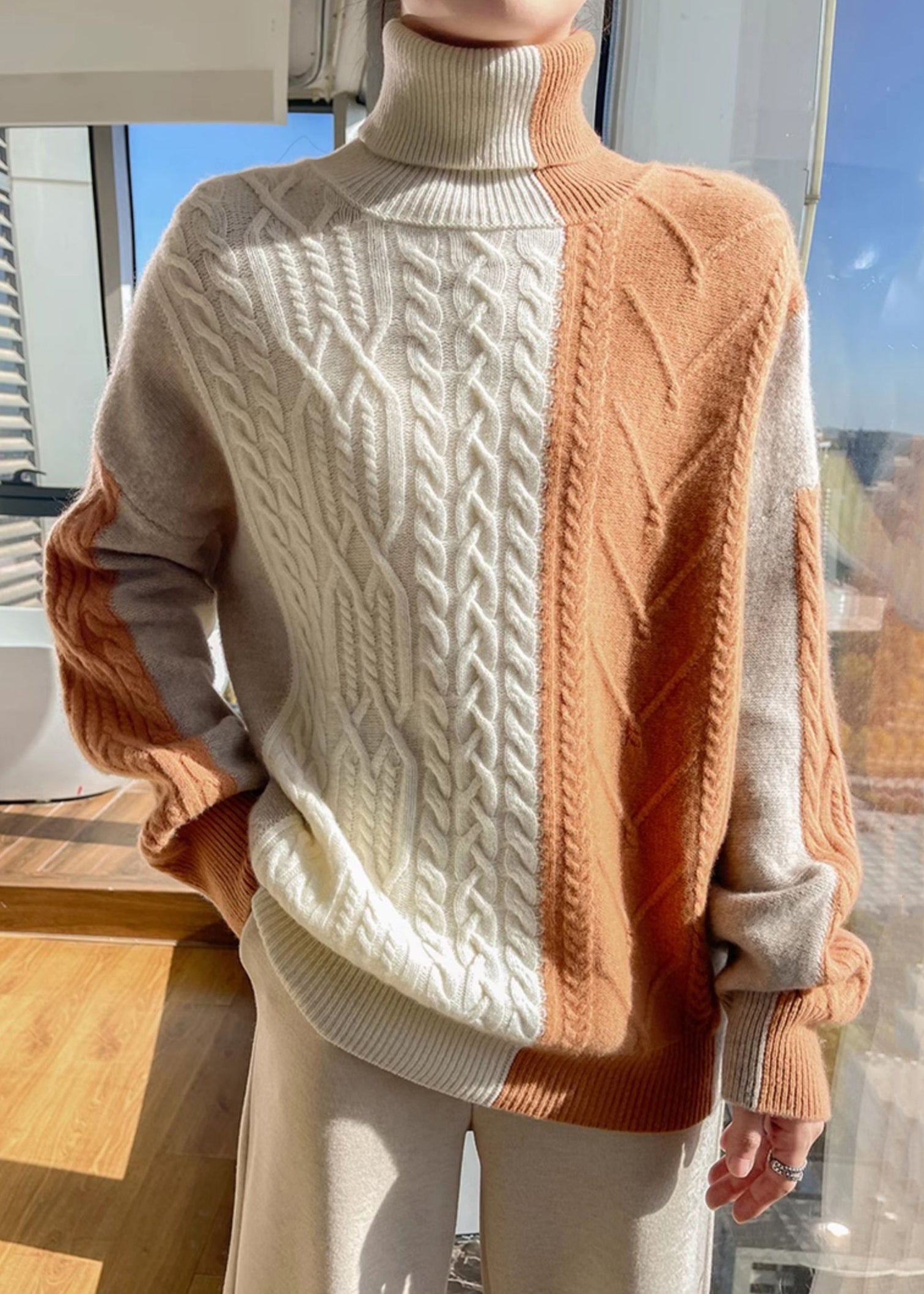 Chic Blue Asymmetrical Patchwork Cable Knit Sweater Spring YW051 ABC