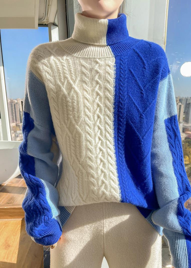 Chic Blue Asymmetrical Patchwork Cable Knit Sweater Spring YW051 ABC