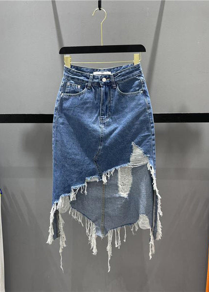 Blue Pockets Tassel Hole Asymmetrical Chic Denim Skirts FashionChic