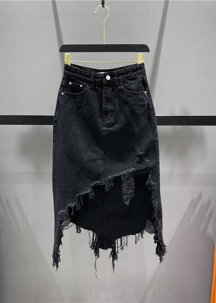 Blue Pockets Tassel Hole Asymmetrical Chic Denim Skirts FashionChic