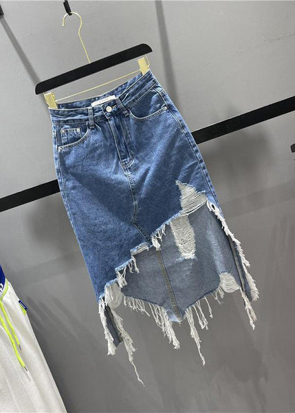 Blue Pockets Tassel Hole Asymmetrical Chic Denim Skirts FashionChic