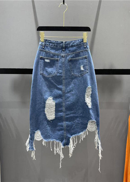 Blue Pockets Tassel Hole Asymmetrical Chic Denim Skirts FashionChic