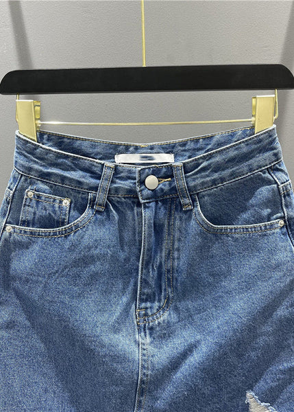 Blue Pockets Tassel Hole Asymmetrical Chic Denim Skirts FashionChic