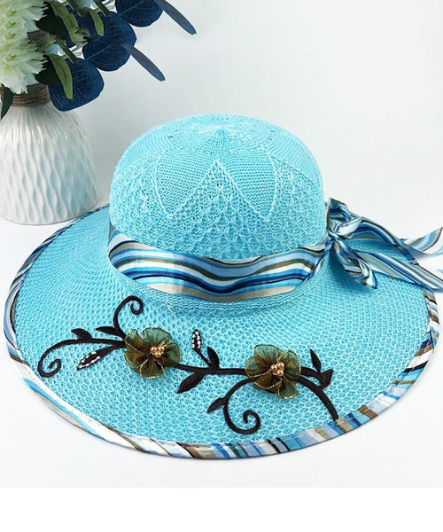 Patchwork Bow Nail Floral Bead Hat Sun Chic Blue FashionChic