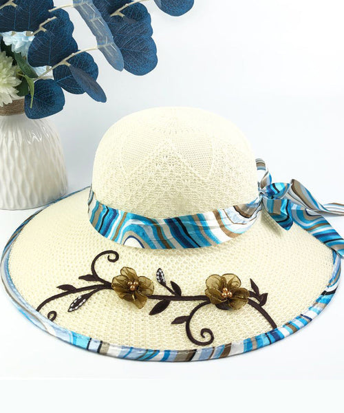Patchwork Bow Nail Floral Bead Hat Sun Chic Blue FashionChic