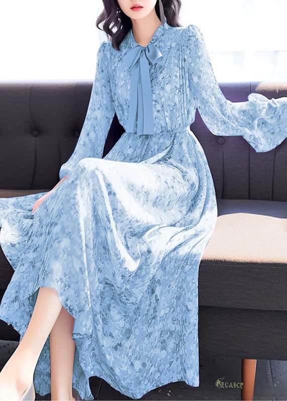 Chic Blue Bow Print High Waist Chiffon Long Dress Fall QR043 OM-ZS240929