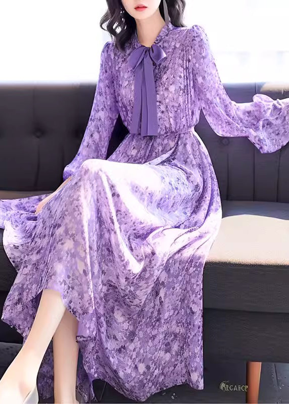 Chic Blue Bow Print High Waist Chiffon Long Dress Fall QR043 OM-ZS240929
