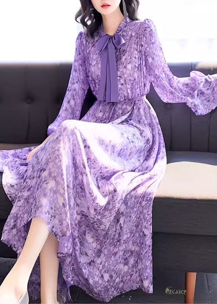 Chic Blue Bow Print High Waist Chiffon Long Dress Fall QR043 OM-ZS240929