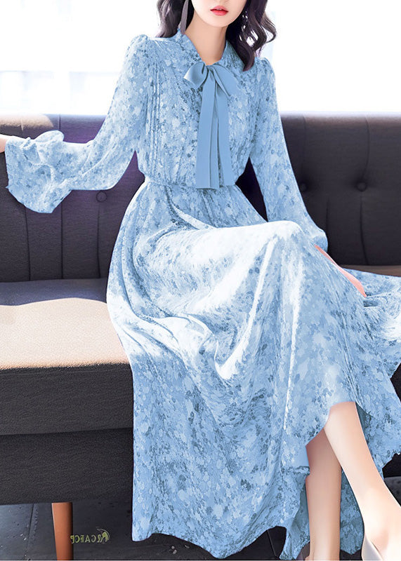 Chic Blue Bow Print High Waist Chiffon Long Dress Fall QR043 OM-ZS240929