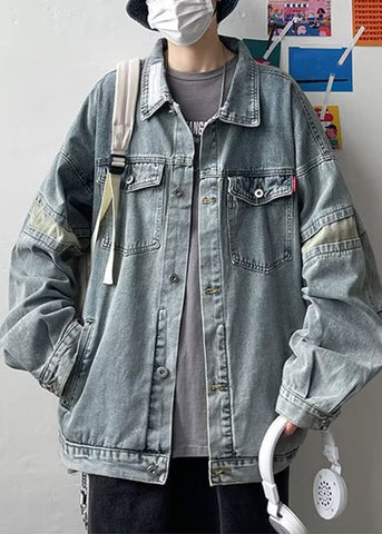 Button Chic Coats Spring Blue TC046 Patchwork Mens Pockets