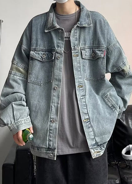 Button Chic Coats Spring Blue TC046 Patchwork Mens Pockets