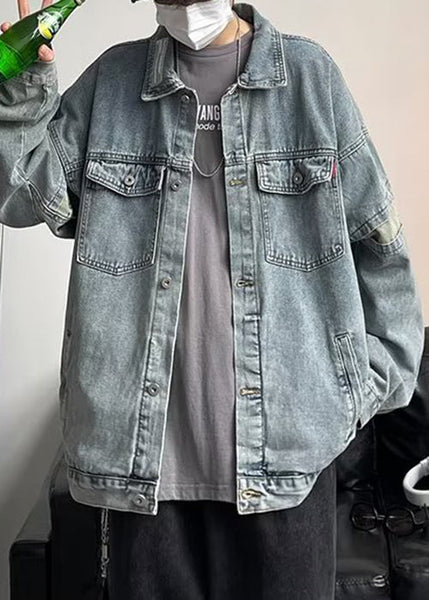 Button Chic Coats Spring Blue TC046 Patchwork Mens Pockets