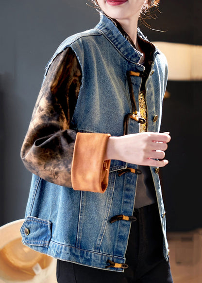 Chic Blue Button Print Patchwork Denim Coat Spring QA1008 Ada Fashion