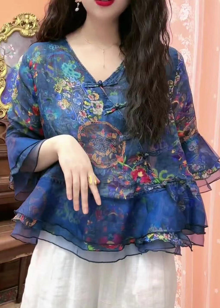 Chic Blue Button Print Tulle Patchwork Blouses Flare Sleeve GH1052 Ada Fashion