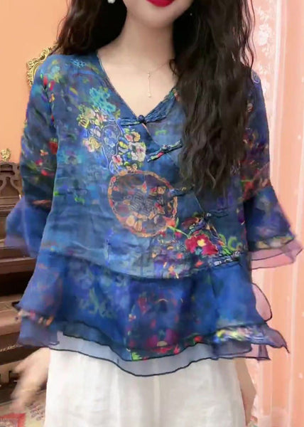 Chic Blue Button Print Tulle Patchwork Blouses Flare Sleeve GH1052 Ada Fashion