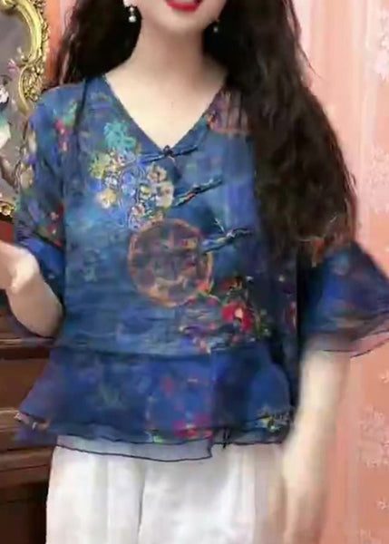 Chic Blue Button Print Tulle Patchwork Blouses Flare Sleeve GH1052 Ada Fashion