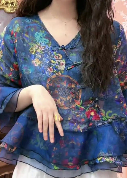 Chic Blue Button Print Tulle Patchwork Blouses Flare Sleeve GH1052 Ada Fashion