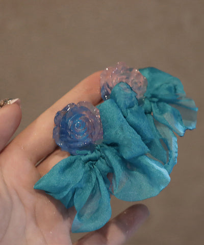 Patchwork Chic Hoop Floral Blue Bow Resin Chiffon Earrings FashionChic