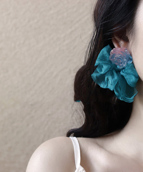 Patchwork Chic Hoop Floral Blue Bow Resin Chiffon Earrings FashionChic