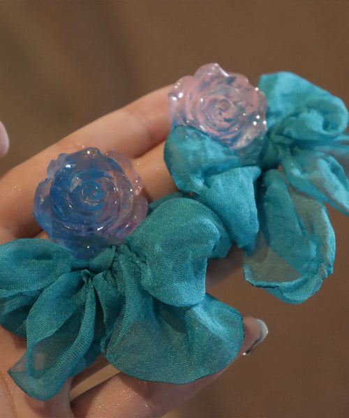 Patchwork Chic Hoop Floral Blue Bow Resin Chiffon Earrings FashionChic