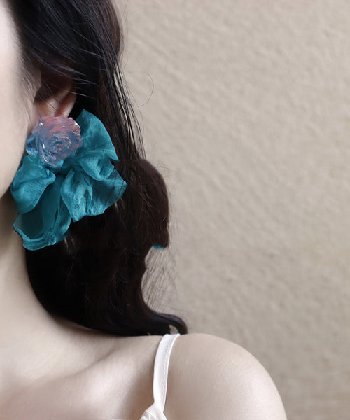 Patchwork Chic Hoop Floral Blue Bow Resin Chiffon Earrings FashionChic