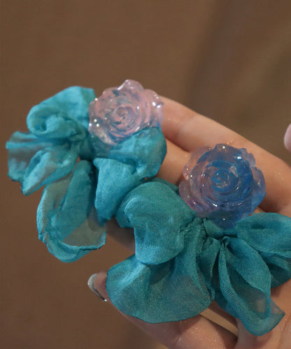 Patchwork Chic Hoop Floral Blue Bow Resin Chiffon Earrings FashionChic