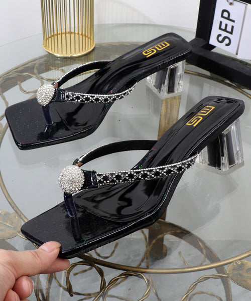 Chic Blue Chunky Heel Flip Flops Blue Faux Leather Zircon XC1002 Ada Fashion