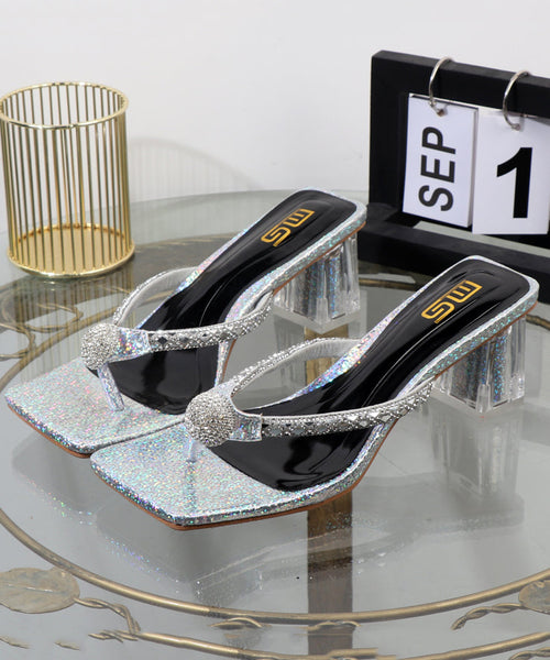 Chic Blue Chunky Heel Flip Flops Blue Faux Leather Zircon XC1002 Ada Fashion