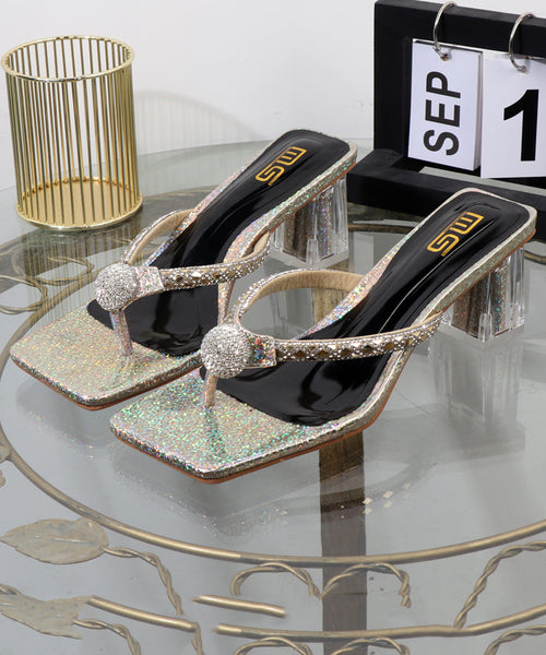 Chic Blue Chunky Heel Flip Flops Blue Faux Leather Zircon XC1002 Ada Fashion