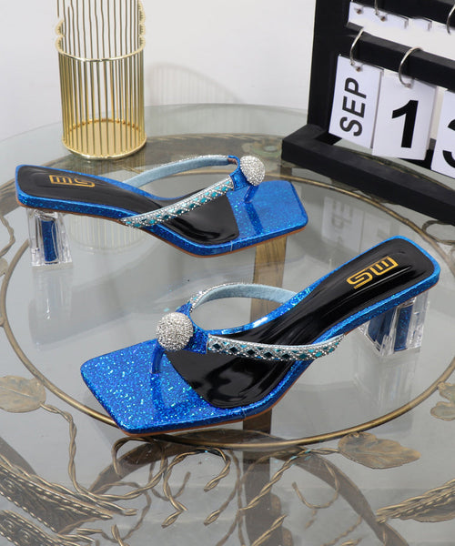Chic Blue Chunky Heel Flip Flops Blue Faux Leather Zircon XC1002 Ada Fashion