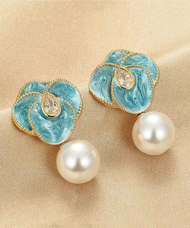 Chic Blue Copper Alloy Pearl Enamel Floral Drop Earrings WH031 JEW-EAR241116