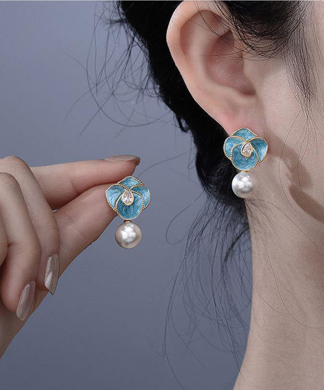 Chic Blue Copper Alloy Pearl Enamel Floral Drop Earrings WH031 JEW-EAR241116