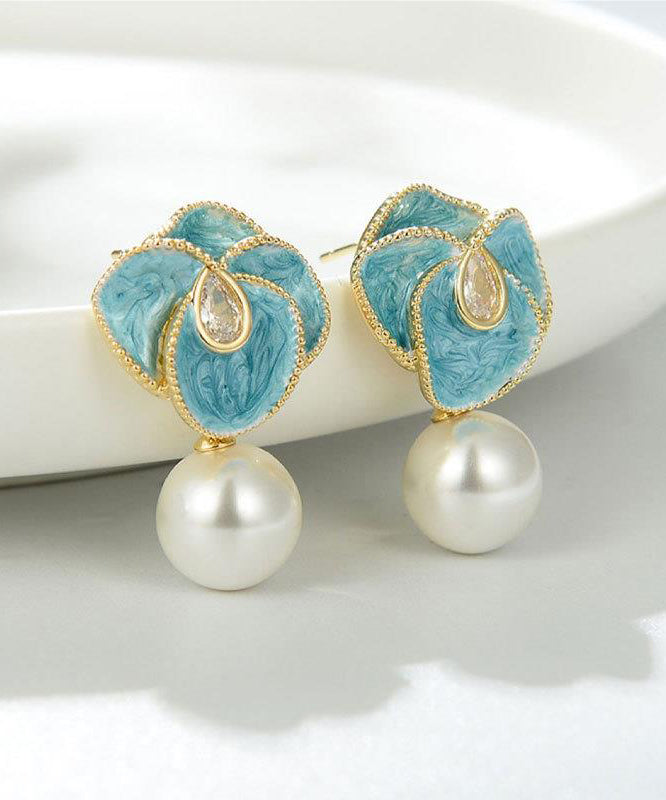 Chic Blue Copper Alloy Pearl Enamel Floral Drop Earrings WH031 JEW-EAR241116