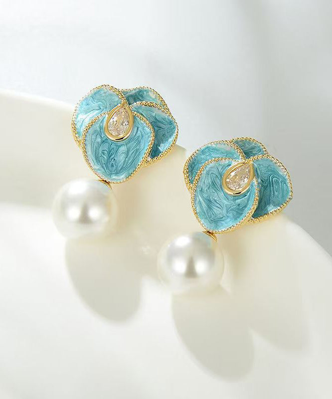 Chic Blue Copper Alloy Pearl Enamel Floral Drop Earrings WH031 JEW-EAR241116