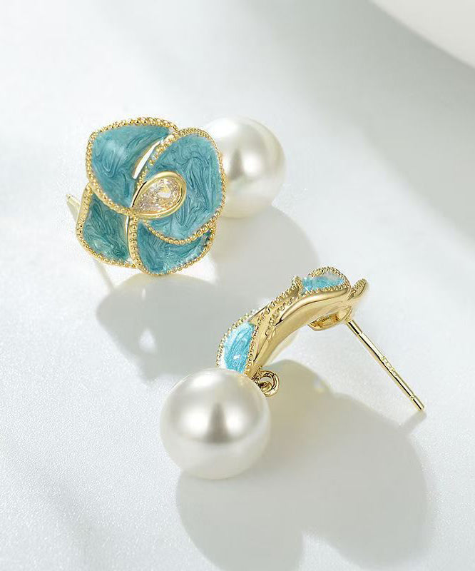 Chic Blue Copper Alloy Pearl Enamel Floral Drop Earrings WH031 JEW-EAR241116