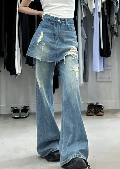 Chic Blue False Two Pieces High Waist Denim Pants Summer PP013 OM-NZ240827