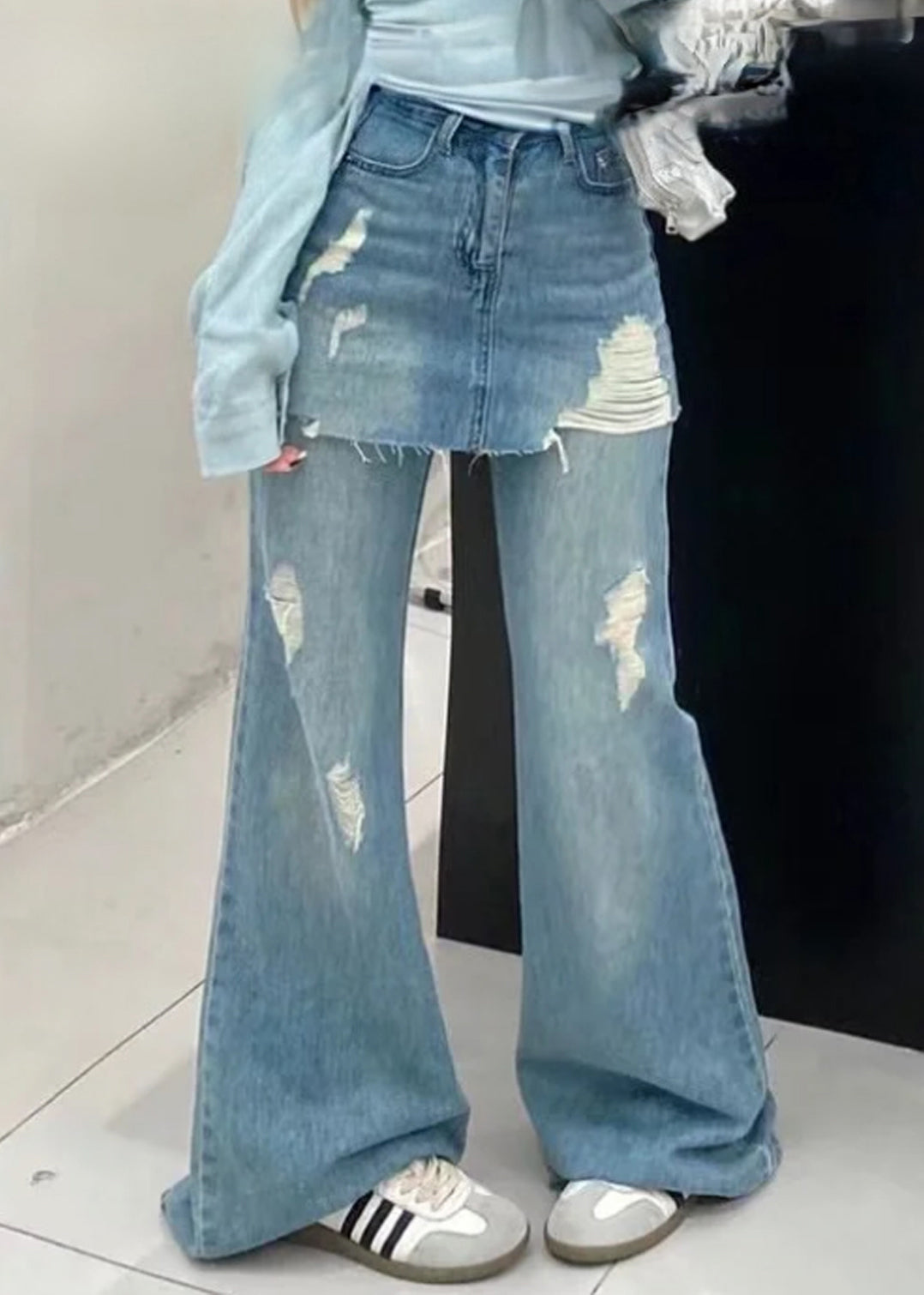 Chic Blue False Two Pieces High Waist Denim Pants Summer PP013 OM-NZ240827