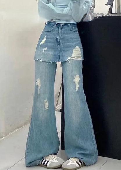 Chic Blue False Two Pieces High Waist Denim Pants Summer PP013 OM-NZ240827