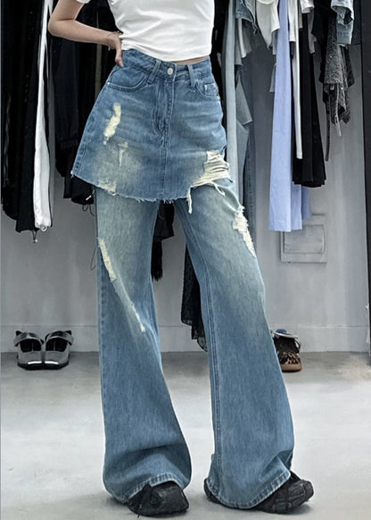 Chic Blue False Two Pieces High Waist Denim Pants Summer PP013 OM-NZ240827