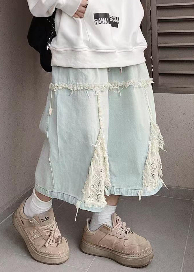 Men Blue Shorts Chic Hole Summer Denim Elastic Waist FashionChic