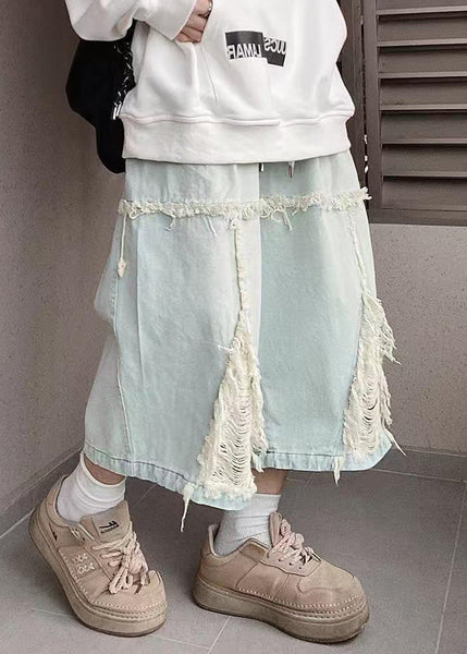 Men Blue Shorts Chic Hole Summer Denim Elastic Waist FashionChic