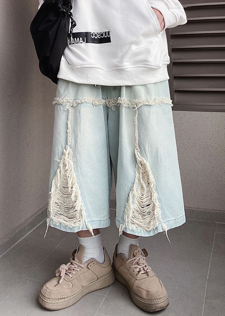 Men Blue Shorts Chic Hole Summer Denim Elastic Waist FashionChic
