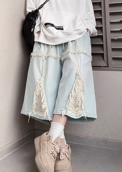 Men Blue Shorts Chic Hole Summer Denim Elastic Waist FashionChic