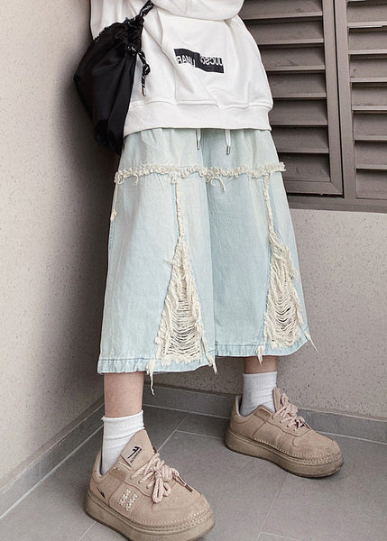 Men Blue Shorts Chic Hole Summer Denim Elastic Waist FashionChic